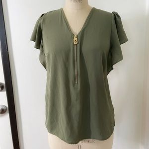 Michael Kors Flutter Sleeve Zipper M Rich Sage Green Ruffle Short Sleeve Top